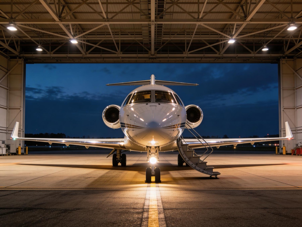 A twin engine business jet parked nose out in a lit hangar at dusk with the air stair lowered and the taxiway beyond